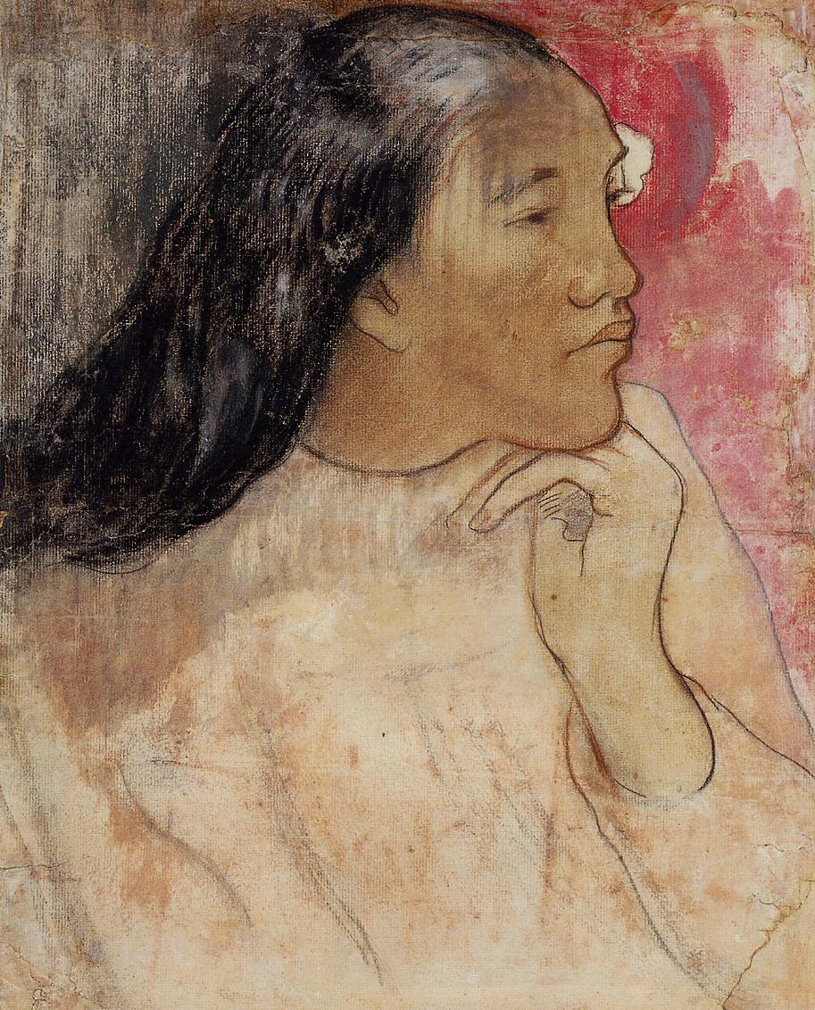 A Tahitian Woman with a Flower in Her Hair - Paul Gauguin Painting